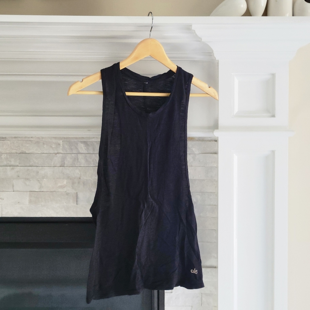 ALO Yoga Ivy League Flowy Sleeveless Layered Tank Top Black S Small